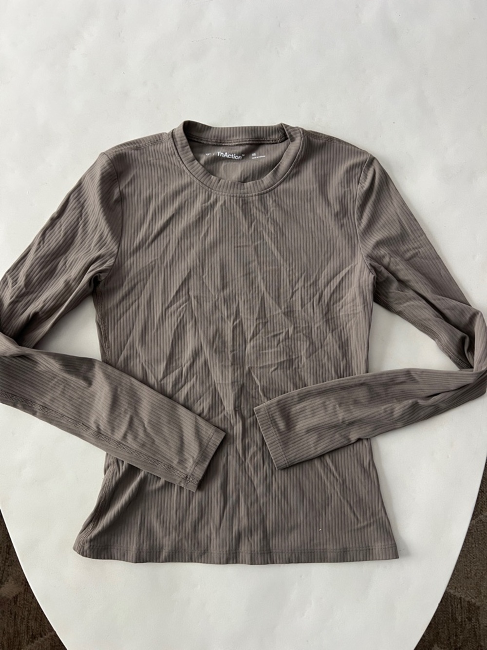 TNA Action Ribbed Taupe Long Sleeve Workout Crewneck Top XS